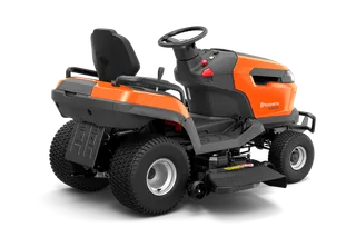 Rear view of a Husqvarna ride-on mower showcasing its robust design.