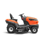 Side view of a Husqvarna ride-on mower with a visible steering wheel and seat.