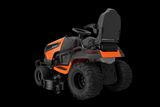 Rear view of a commercial ride-on mower with cutting deck.