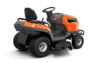 Rear view of a Husqvarna ride-on mower with ergonomic seat and steering wheel.