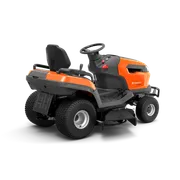Rear view of a Husqvarna ride-on mower with ergonomic seat and steering wheel.
