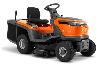 Side view of a Husqvarna ride-on lawn mower with a grass collector.