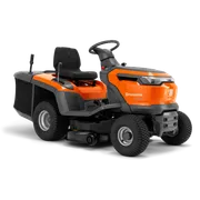 Side view of a Husqvarna ride-on lawn mower with a grass collector.