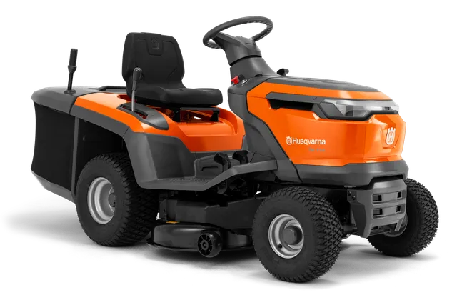 Side view of a Husqvarna ride-on lawn mower with a grass collector.
