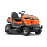 Side view of a Husqvarna ride-on mower with visible seat and steering wheel.