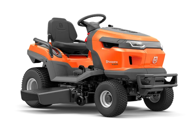 Side view of a Husqvarna ride-on mower with visible seat and steering wheel.