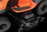 Top view of a ride-on mower showing the seat and cutting deck.