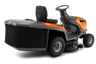 Rear view of a Husqvarna ride-on lawn mower with a grass collection bag.