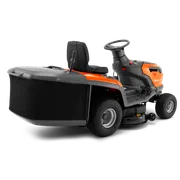 Rear view of a Husqvarna ride-on lawn mower with a grass collection bag.
