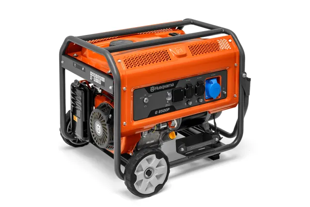 HUSQVARNA G8500P. Side view of a Husqvarna portable generator with control panel and wheels.