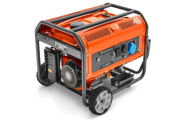 Side view of a Husqvarna portable generator with wheels and power outlets.