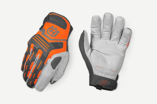 Pair of work gloves with ergonomic design, showcasing palm and back views.