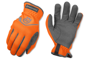 Pair of Husqvarna work gloves with reinforced palms, shown from top view.