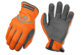 Paire de gants de travail Husqvarna avec paumes renforcées, vue de dessus.