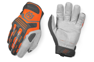 Front and back view of Husqvarna protective gloves, showcasing design and material details.