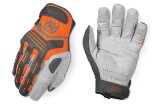Vue de face et de dos des gants de protection Husqvarna, mettant en valeur le design et les détails des matériaux.