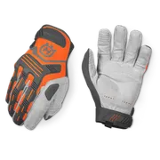 Vue de face et de dos des gants de protection Husqvarna, mettant en valeur le design et les détails des matériaux.