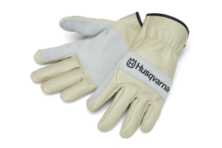 Pair of Husqvarna work gloves with reinforced palms, laid out in a studio setting.