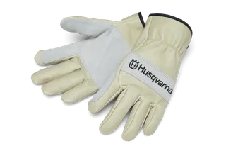 Paire de gants de travail Husqvarna avec paumes renforcées, disposés dans un studio.