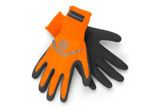Pair of Husqvarna work gloves with logo, showcasing grip texture.