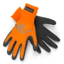 Pair of Husqvarna work gloves with logo, showcasing grip texture.