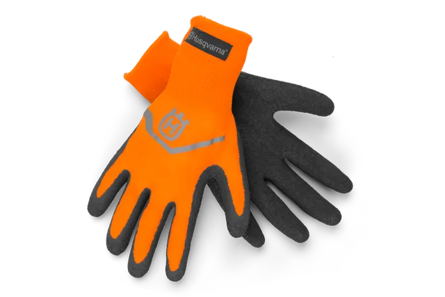 Pair of Husqvarna work gloves with logo, showcasing grip texture.