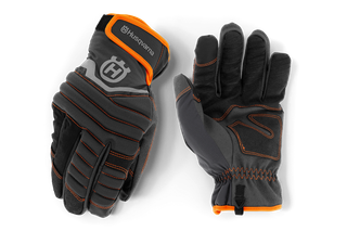 Pair of Husqvarna protective gloves, showcasing front and rear views.