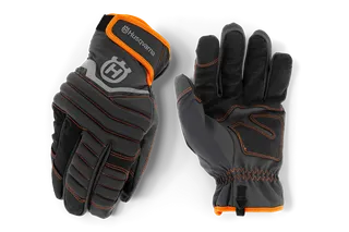 Pair of Husqvarna protective gloves, showcasing front and rear views.