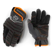Pair of Husqvarna protective gloves, showcasing front and rear views.