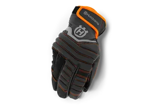 Top view of a Husqvarna protective glove with reinforced padding and logo.