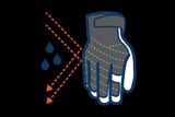 Illustration of a glove designed to repel water, featuring directional arrows and water droplets.