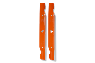 Top view of two lawn mower blades placed side by side.