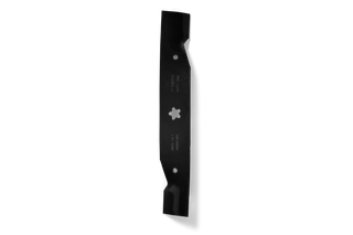 Top view of a lawn mower blade with two mounting holes.