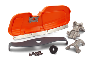 Top view of various metal and plastic components, including a blade guard and mounting brackets.