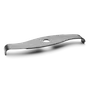 Side view of a metal blade with a central hole and curved ends.