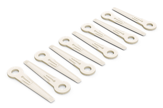 A set of Husqvarna robotic lawn mower blades arranged in a studio setting.