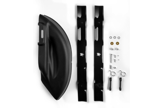 Mulch Kit Fits Z246 Zero-Turn and TS 120, TS 146XK & YTH22V46 Tractors. Top view of a lawn mower mulching kit with blades, chute, and installation hardware.