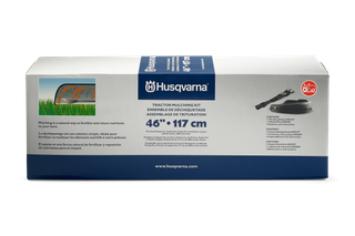 Mulch Kit Fits Z246 Zero-Turn and TS 120, TS 146XK & YTH22V46 Tractors. Front view of a Husqvarna tractor mulching kit packaging, displaying product details.