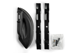 Mulch Kit Fits Z246 Zero-Turn and TS 120, TS 146XK & YTH22V46 Tractors. Top view of lawn mower accessories including two blades, a chute, and a bag of screws.