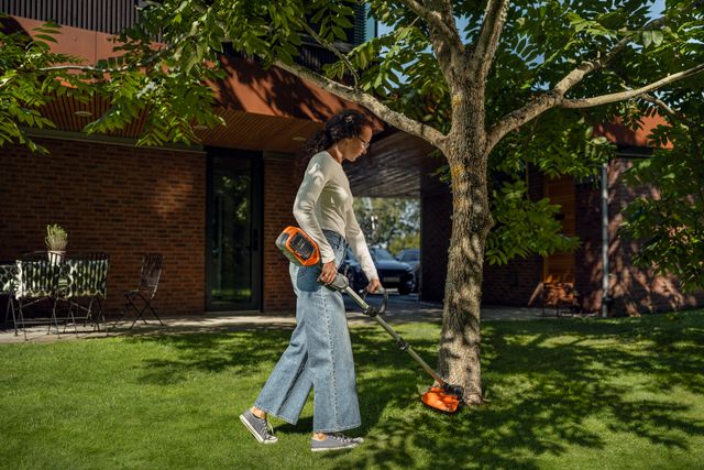Een persoon die een grastrimmer gebruikt om het gazon rond een boom in een tuin te onderhouden.