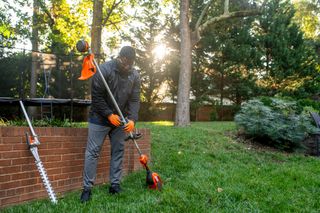 Une personne réglant un taille-haie dans une cour arrière, avec un taille-haie à proximité.