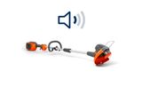 Side view of a battery-powered grass trimmer with a sound icon overlay.