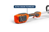 Close-up of a product with a focus on the battery compartment and active cooling technology label.