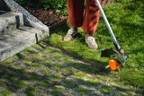 Person trimming a lawn edge with a grass trimmer beside stone steps and grid pavers.