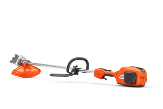 Side view of a battery-powered grass trimmer with ergonomic handle.