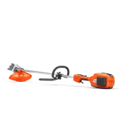 Side view of a battery-powered grass trimmer with ergonomic handle.
