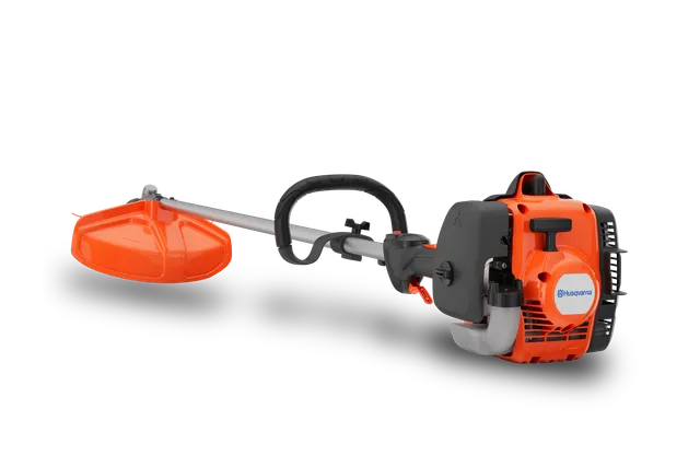 Side view of a Husqvarna brush cutter, showcasing the engine and cutting head.