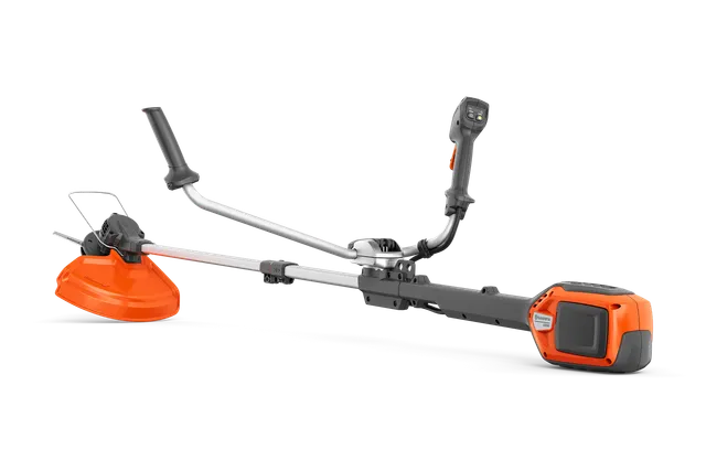 Вигляд збоку - кущоріза Husqvarna з ергономічною ручкою та батарейним відсіком.