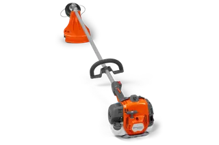 Front view of a Husqvarna grass trimmer with visible engine and handle.