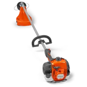 Front view of a Husqvarna grass trimmer with visible engine and handle.
